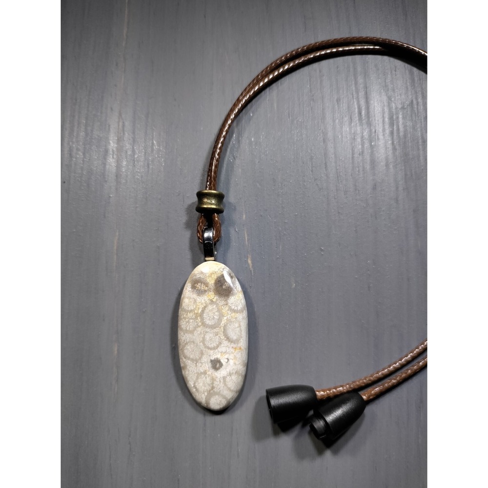 Agatized Coral Pendant Necklace Waxed Cord 18 Inch Break Away Fossil Jewelry